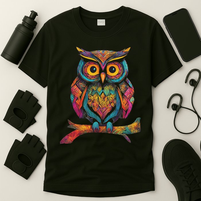 Owl Perched On A Tree Branch Colorful Pattern Owl Lover T-Shirt