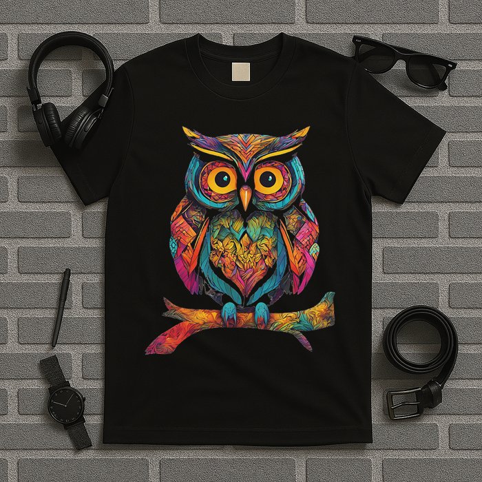 Owl Perched On A Tree Branch Colorful Pattern Owl Lover T-Shirt