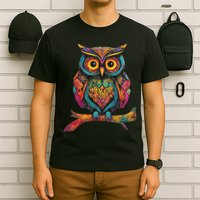 Owl Perched On A Tree Branch Colorful Pattern Owl Lover T-Shirt
