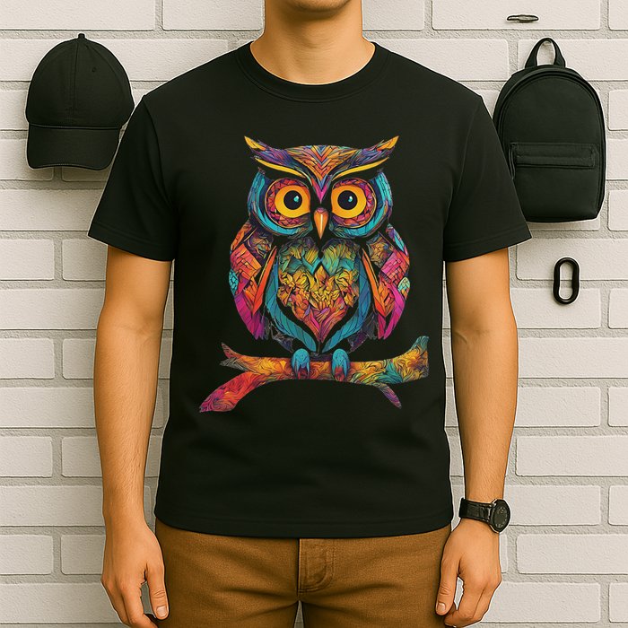 Owl Perched On A Tree Branch Colorful Pattern Owl Lover T-Shirt
