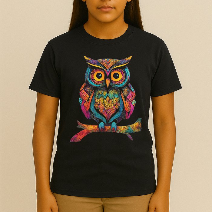 Owl Perched On A Tree Branch Colorful Pattern Owl Lover T-Shirt