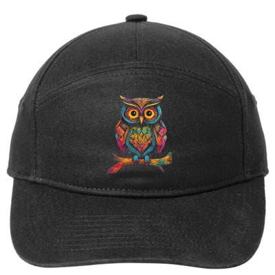 Owl Perched On A Tree Branch Colorful Pattern Owl Lover 7-Panel Snapback Hat