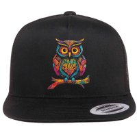 Owl Perched On A Tree Branch Colorful Pattern Owl Lover Flat Bill Trucker Hat