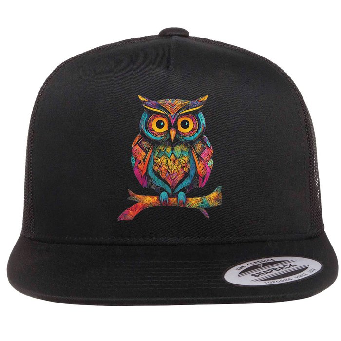 Owl Perched On A Tree Branch Colorful Pattern Owl Lover Flat Bill Trucker Hat