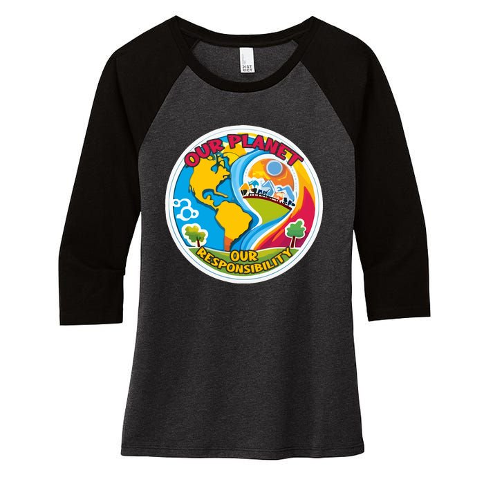 Our Planet Our Responsibility Climate Change Graphic Women's Tri-Blend 3/4-Sleeve Raglan Shirt