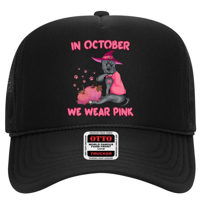 October Pink Pitbull Dog Breast Cancer Awareness Halloween High Crown Mesh Back Trucker Hat