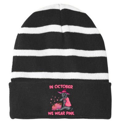 October Pink Pitbull Dog Breast Cancer Awareness Halloween Striped Beanie with Solid Band