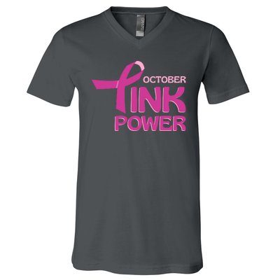 October Pink Power Breast Cancer V-Neck T-Shirt