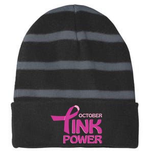 October Pink Power Breast Cancer Striped Beanie with Solid Band