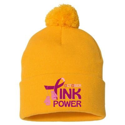 October Pink Power Breast Cancer Pom Pom 12in Knit Beanie