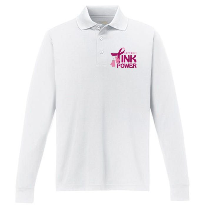 October Pink Power Breast Cancer Performance Long Sleeve Polo