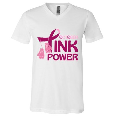 October Pink Power Breast Cancer V-Neck T-Shirt