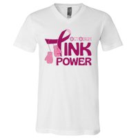 October Pink Power Breast Cancer V-Neck T-Shirt