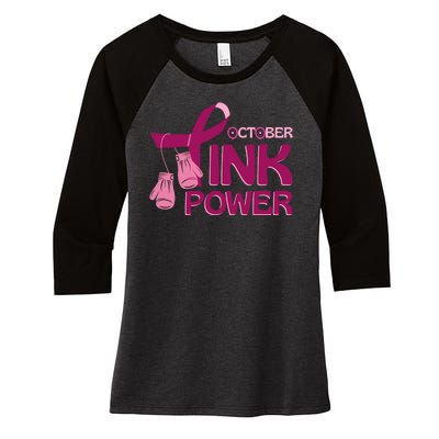 October Pink Power Breast Cancer Women's Tri-Blend 3/4-Sleeve Raglan Shirt