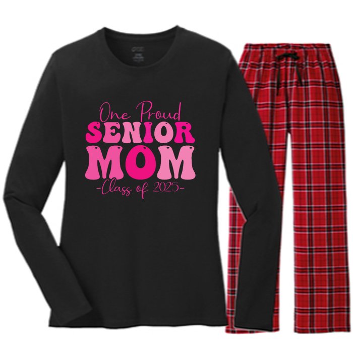 One Proud Senior Mom Class Of 2025 Graduation Groovy Print Women's Long Sleeve Flannel Pajama Set 