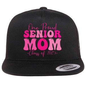 One Proud Senior Mom Class Of 2025 Graduation Groovy Print Flat Bill Trucker Hat