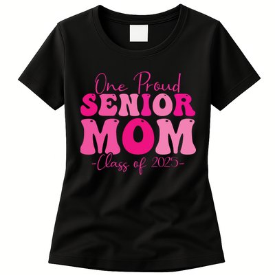 One Proud Senior Mom Class Of 2025 Graduation Groovy Print Womens T-Shirt