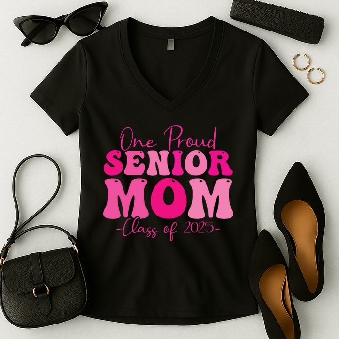 One Proud Senior Mom Class Of 2025 Graduation Groovy Print Women's V-Neck T-Shirt