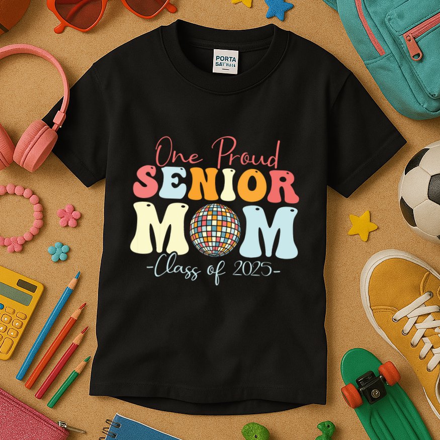 One Proud Senior Mom Class Of 2025 Graduation Groovy Print Kids T-Shirt