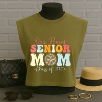 One Proud Senior Mom Class Of 2025 Graduation Groovy Print Garment-Dyed Women's Muscle Tee