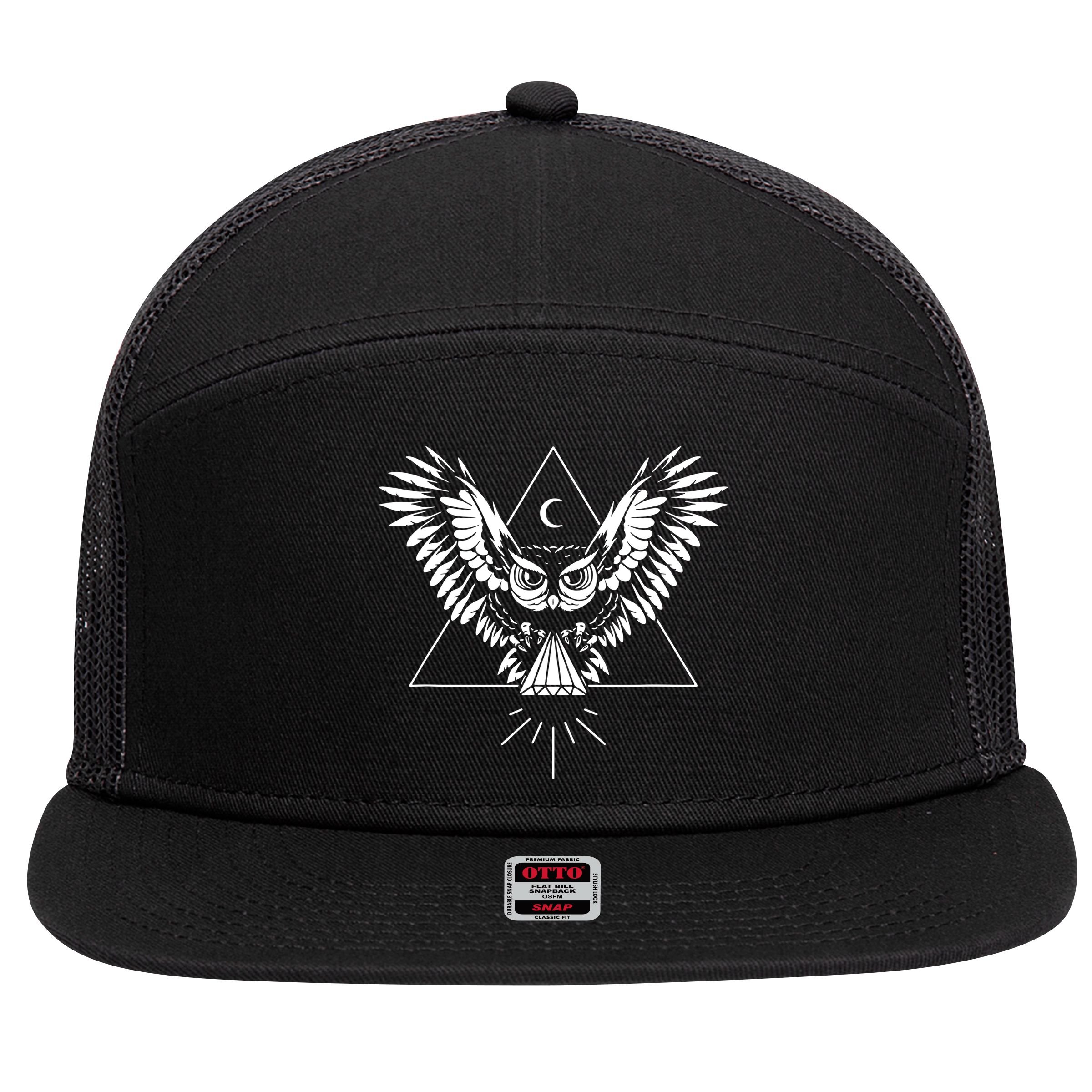 Owl Pyramid Secret Illuminati Owl Tattoo Style 7 Panel Mesh Trucker Snapback Hat