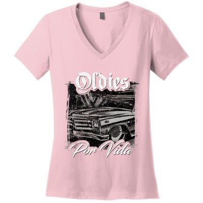 Oldies Por Vida Vintage Car Lowrider Mexican Chicano Women's V-Neck T-Shirt