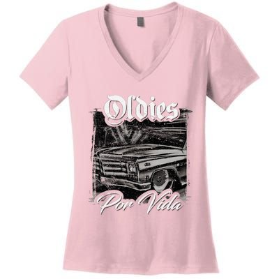 Oldies Por Vida Vintage Car Lowrider Mexican Chicano Women's V-Neck T-Shirt