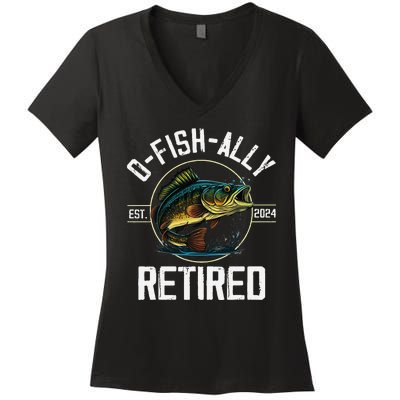 Ofishally Retired 2024 Fishing Retirement Gift Women's V-Neck T-Shirt