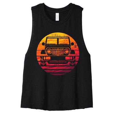 Off Road 4x4 Vintage Retro 70s Sunset Off Road Women's Racerback Cropped Tank