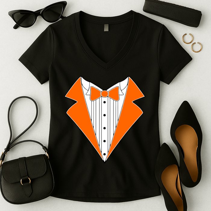 Orange Tuxedo Wedding Bachelor Prom Tux Women's V-Neck T-Shirt