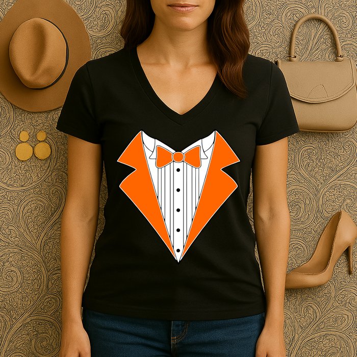 Orange Tuxedo Wedding Bachelor Prom Tux Women's V-Neck T-Shirt