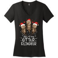 Otter Reindeer Deer Christmas Xmas Gift Present Women's V-Neck T-Shirt