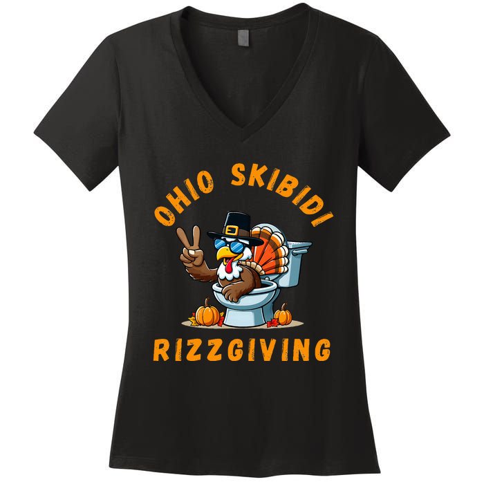 Ohio Rizzgiving Funny Thanksgiving Rizz Gyatt Rizz Women's V-Neck T-Shirt