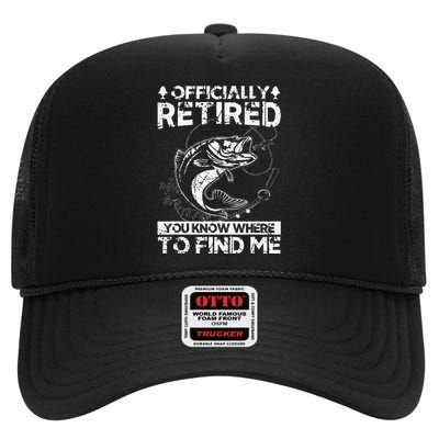 Officially Retired Gift Fishing Dad Retirement Fisher Funny High Crown Mesh Back Trucker Hat