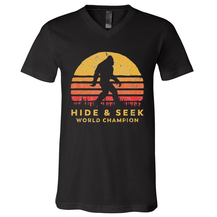 Original Retro Hide & Seek World Champ Bigfoot Sun Graphic V-Neck T-Shirt