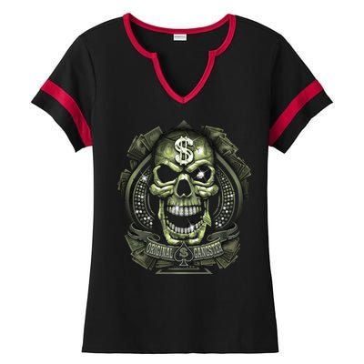 Original Gangster Skull Bling Ladies Halftime Notch Neck Tee