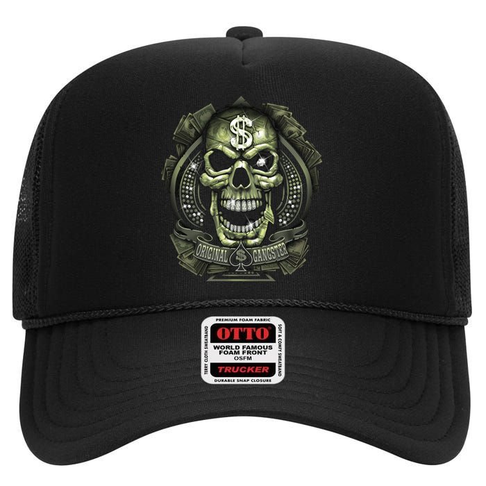 Original Gangster Skull Bling High Crown Mesh Back Trucker Hat