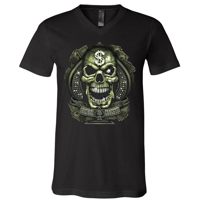 Original Gangster Skull Bling V-Neck T-Shirt