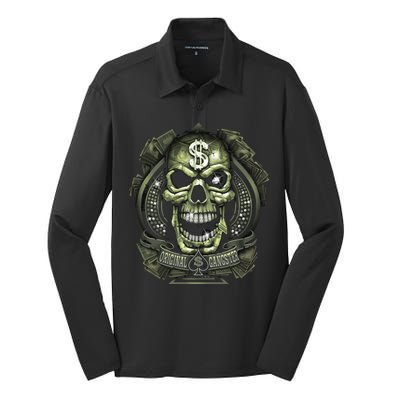 Original Gangster Skull Bling Silk Touch Performance Long Sleeve Polo