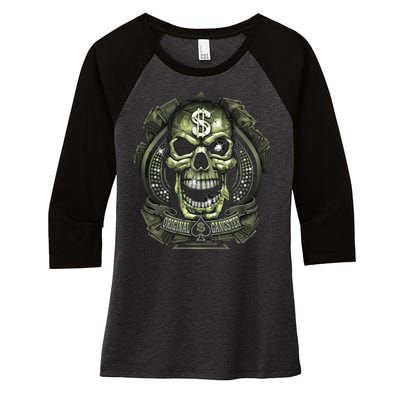 Original Gangster Skull Bling Women's Tri-Blend 3/4-Sleeve Raglan Shirt