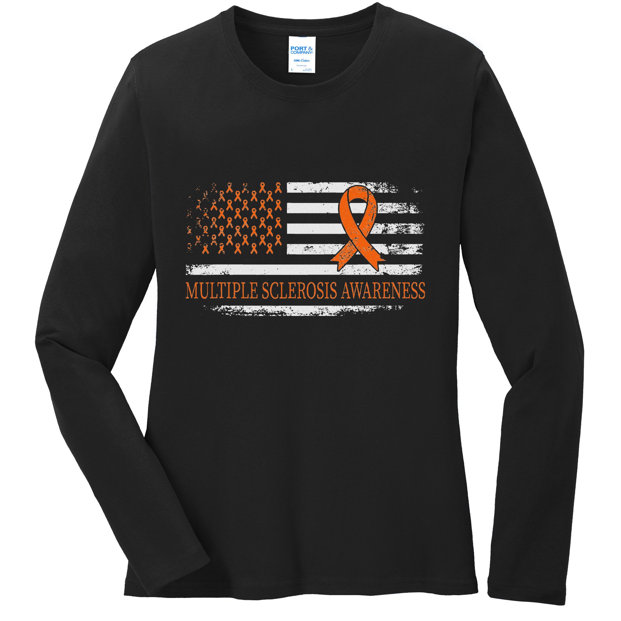 Orange Ribbon Ms Multible Sclerosis Awareness Ladies Long Sleeve Shirt