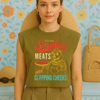 Old Row Smokin Meats And Clapping Cheeks Funny Garment-Dyed Women's Muscle Tee