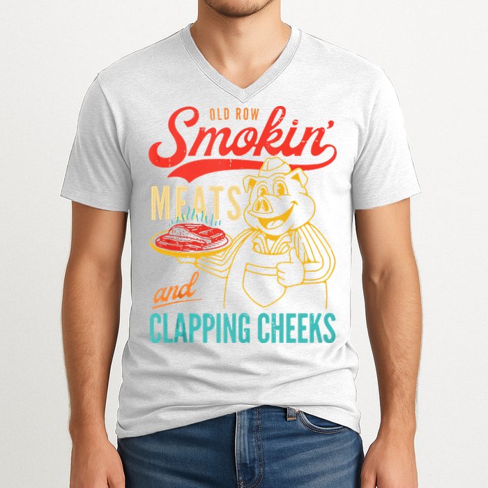 Old Row Smokin Meats And Clapping Cheeks Funny V-Neck T-Shirt
