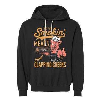 Old Row Smokin Meats And Clapping Cheeks Funny Bbq Garment-Dyed Fleece Hoodie