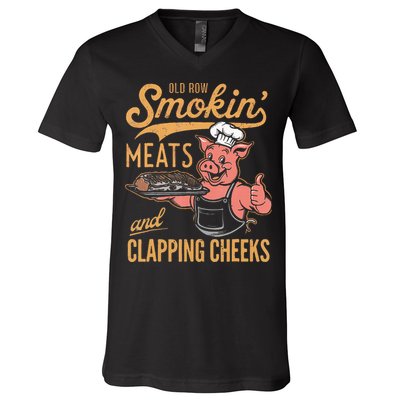 Old Row Smokin Meats And Clapping Cheeks Funny Bbq V-Neck T-Shirt