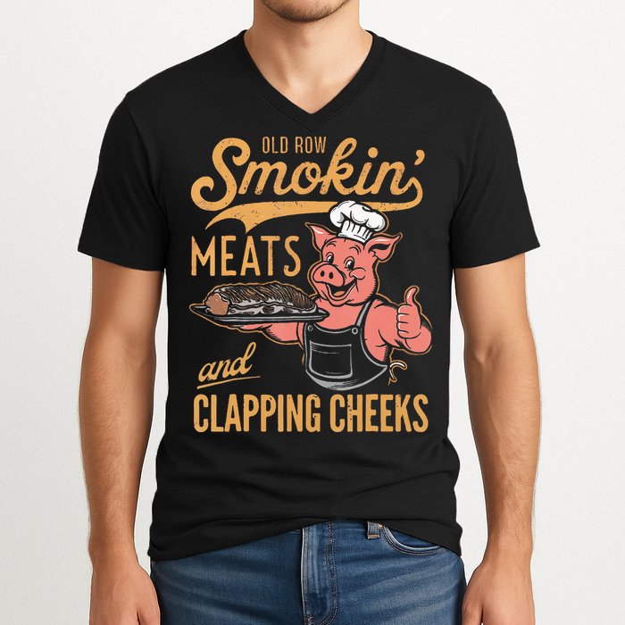 Old Row Smokin Meats And Clapping Cheeks Funny Bbq V-Neck T-Shirt