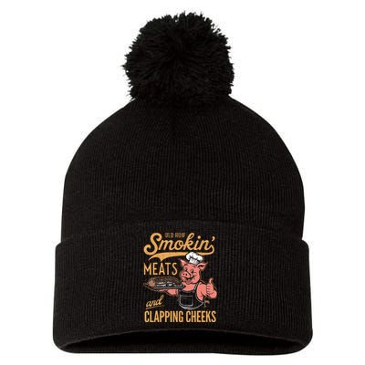 Old Row Smokin Meats And Clapping Cheeks Funny Bbq Pom Pom 12in Knit Beanie