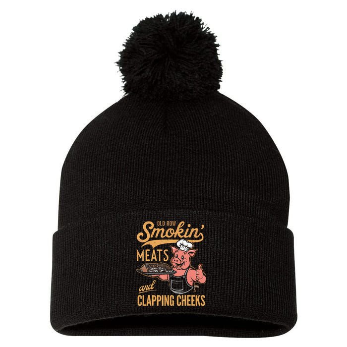 Old Row Smokin Meats And Clapping Cheeks Funny Bbq Pom Pom 12in Knit Beanie