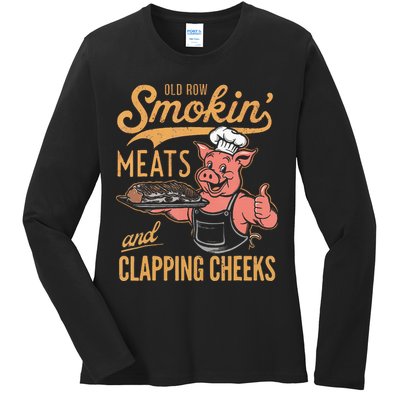 Old Row Smokin Meats And Clapping Cheeks Funny Bbq Ladies Long Sleeve Shirt