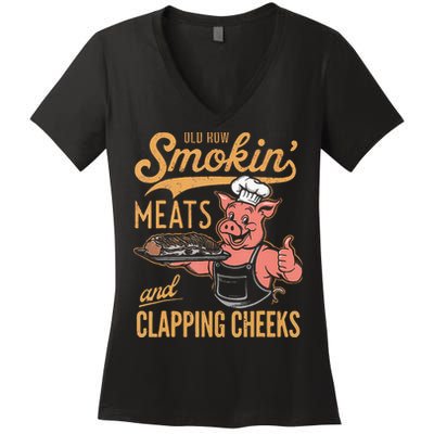 Old Row Smokin Meats And Clapping Cheeks Funny Bbq Women's V-Neck T-Shirt